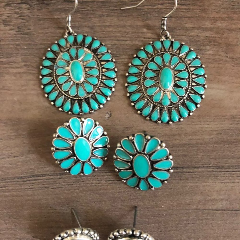 Faux Turquoise Earring Set 3 Pairs Squash Blossom - Picture 8 of 8